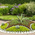 Garden arrangement with white stones and succulents.